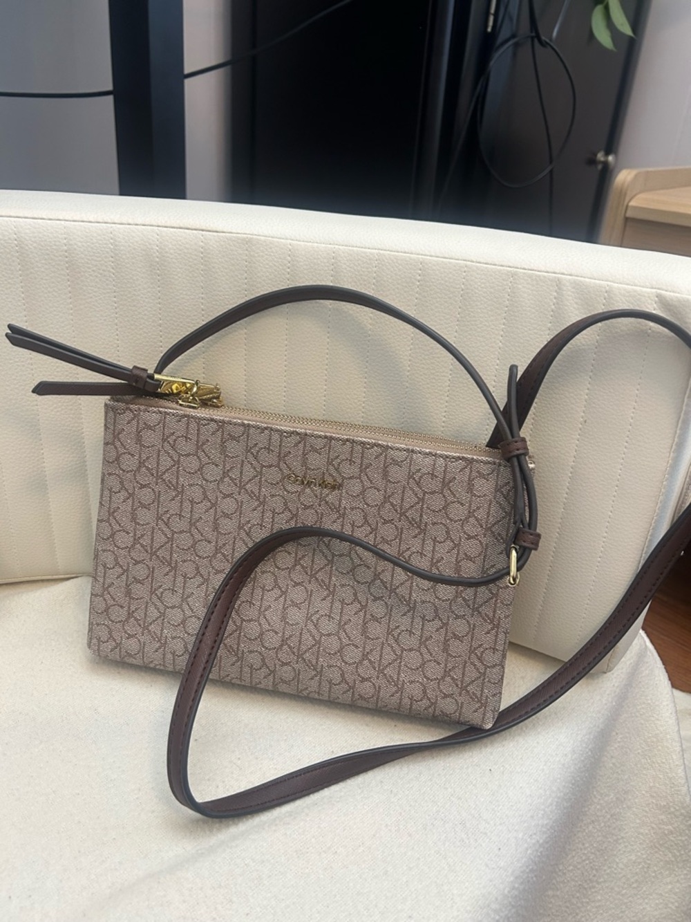 Calvin Klein Monogram Crossbody Bag Brown Logo Print Gold Hardware